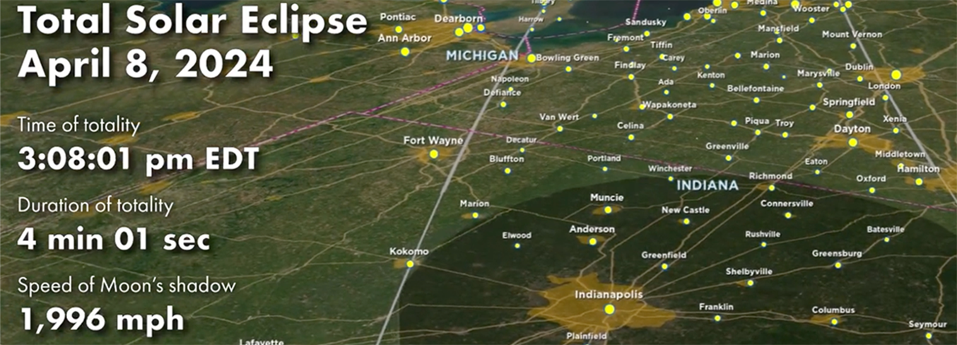 A screenshot of the eclipse path and the moon's shadow over Indianapolis.